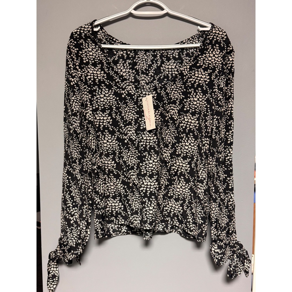 Frnch Womens Black White Floral V-Neck Long Sleeve Tie Cuff Viscose Blouse S